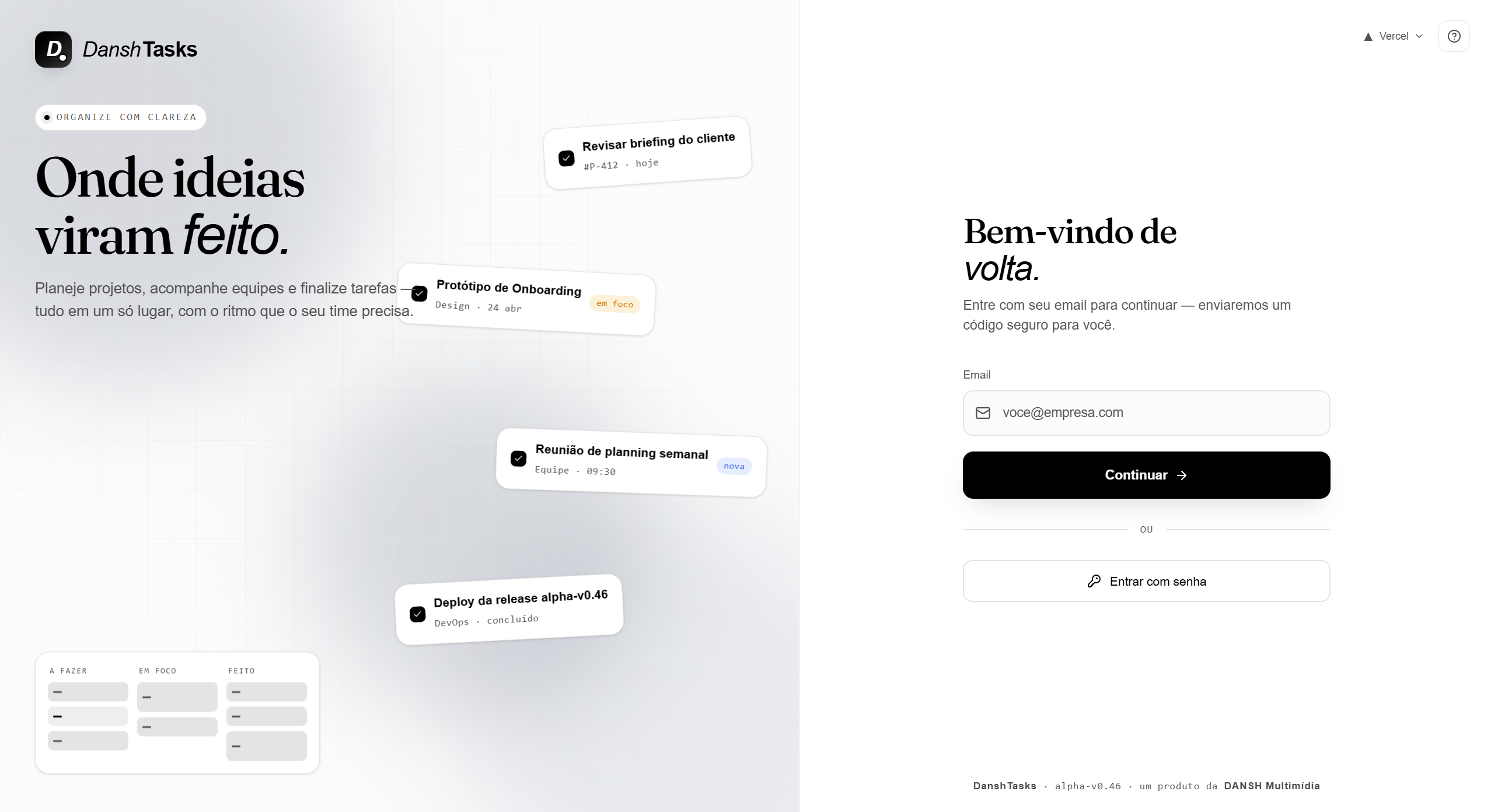 Interface do Dansh Tasks — landing e tela de login